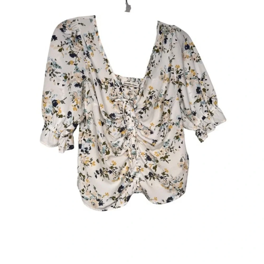 Abercrombie & Fitch green and yellow‎ floral print rouched boho Gypsy blouse